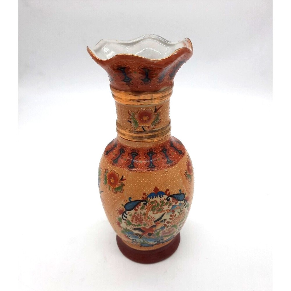 VTG Satsuma 8" Flower Vase Birds Japanese Satsuma Moriage Fluted Rim Handpainted